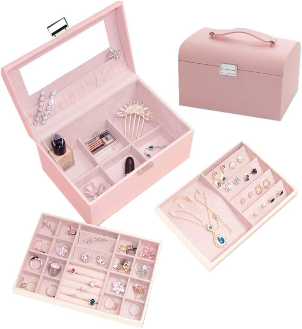 MISYLPH Multifunctional Three-Layer Woven Leather Jewelry Box Organizer with Handle-Pink