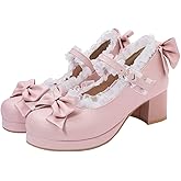 LUXMAX Women Kawaii Mid Block Heel Mary Jane Rockabilly Pumps with Bow Platform Chunky Heel Cute Sweet Shoes