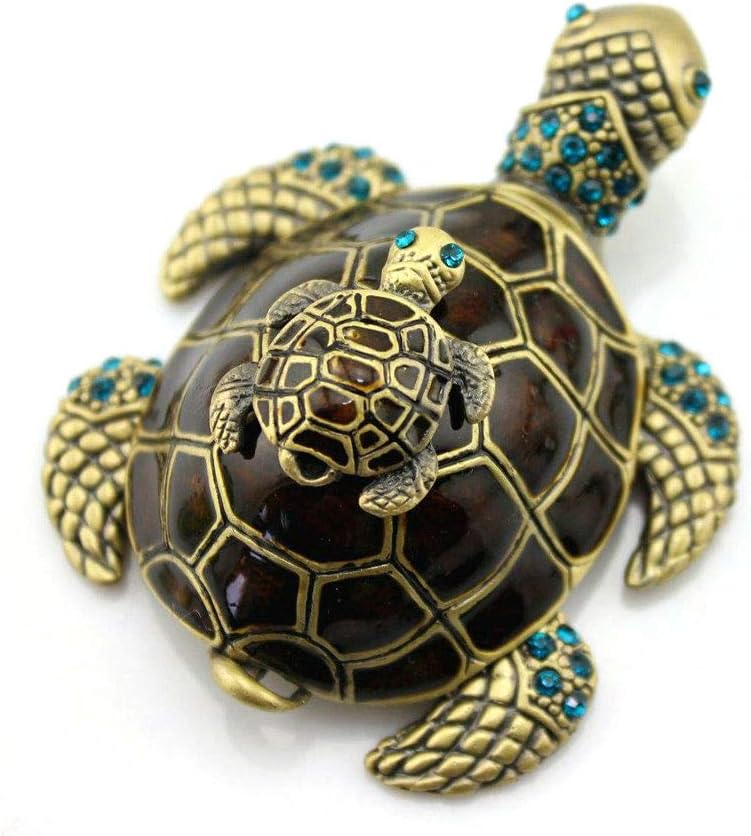 SY Crafts Vintage Enamel Bejeweled Mom&Son Sea Turtle Trinket Box with Blue Crystals