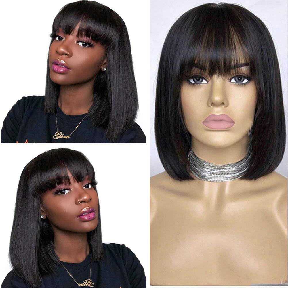Clarolair Brazilian Straight Lace Front Wig Bob Cut with Bangs for Dark Skinned Women None Lace Full Machine Made Can Be Permed and Dyed 12 Inches