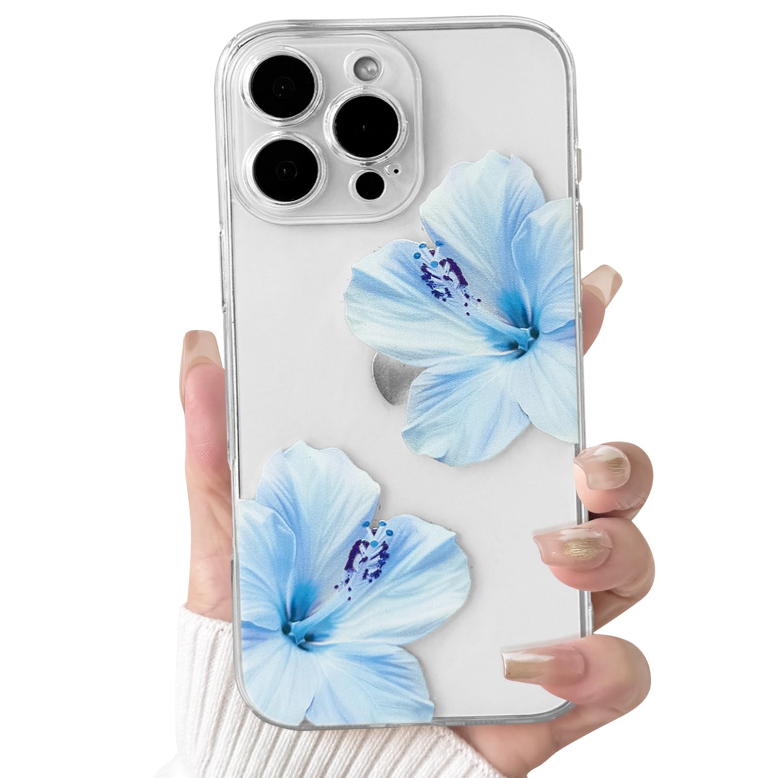 NITITOP Compatible with iPhone 16 Pro Max Case Clear Cute Hibiscus Flower Floral Pattern for Women Girls Full Camera Lens Slim Shockproof Protective Phone Cover - Blue