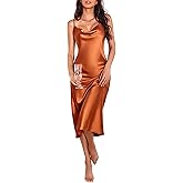 Ekouaer Womens Satin Nightgown Sexy Lingerie Sleepwear Spaghetti Strap Cowl Neck Elegant Long Slip Satin Silk Midi Dress