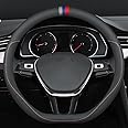 Carodi Latest Nappa Leather car Steering Wheel Cover, Stylish Non-Slip Leather car Interior 15 inches Universal D-Shape,Black(red and Blue Signs)
