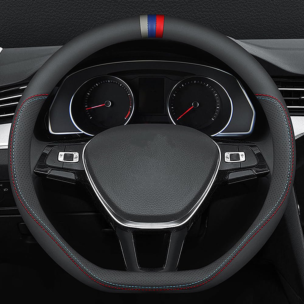 Photo 1 of Carodi Latest Nappa Leather car Steering Wheel Cover, Stylish Non-Slip Leather car Interior 15 inches Universal D-Shape,Black(red and Blue Signs)