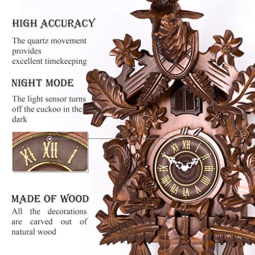 Polaris Clocks Cuckoo Clock in Black Forest Style with Night Mode Option and Hand Carved Deer Head (Brown, Deer & Squirrels)