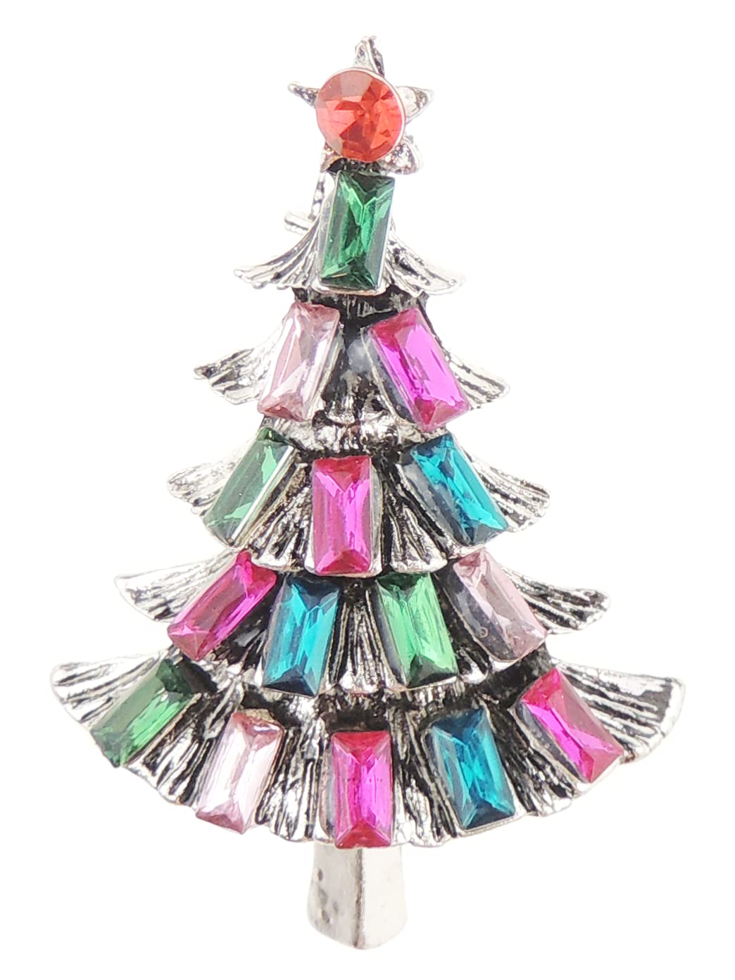 Ladies Crystal Diamante Colour Festive Christmas Tree Lapel Brooch (Old Silver Tone)