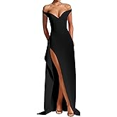 Azhong Women's Summer Sexy Off Shoulder V Neck Maxi Dress High Slit Corset Party Prom Evening Gown