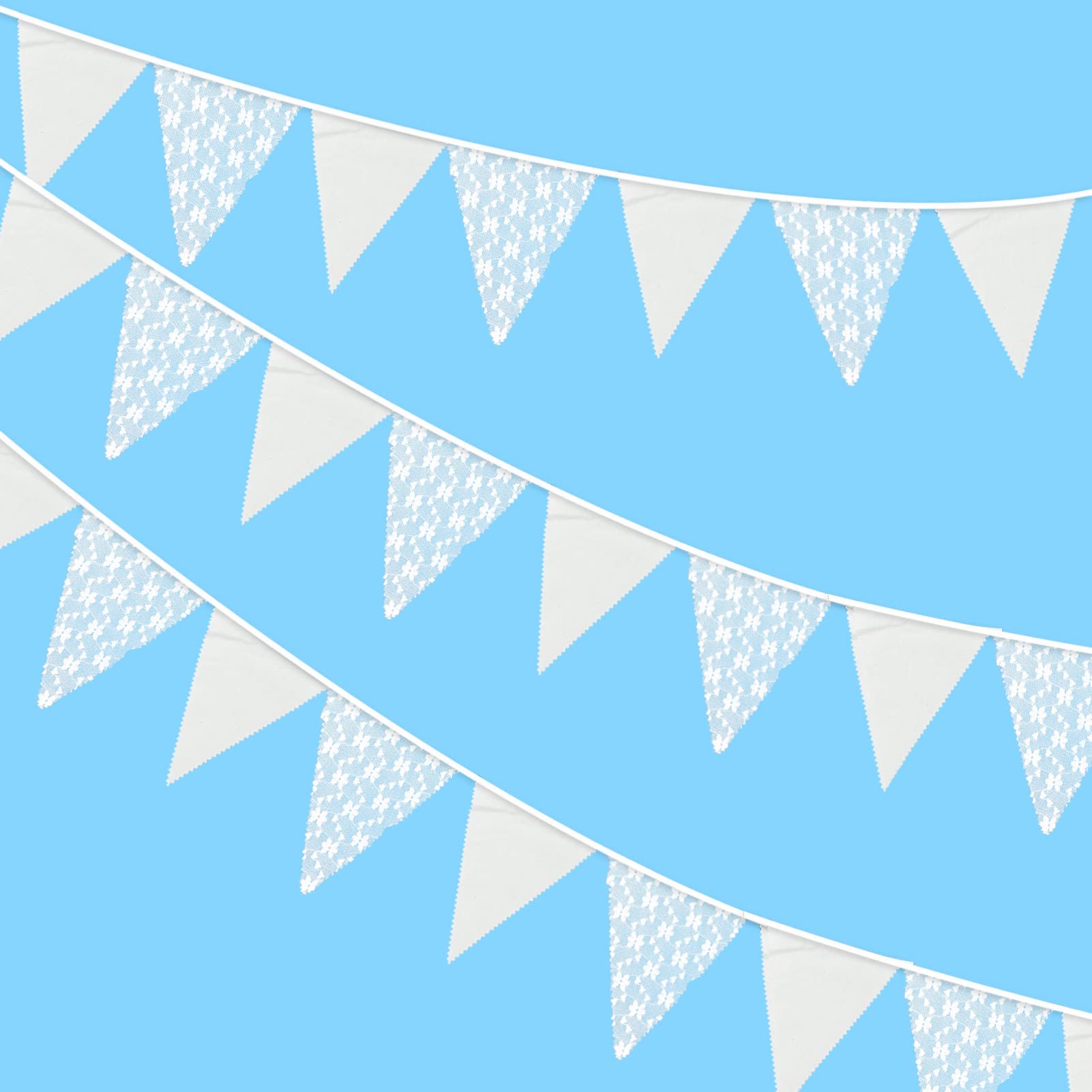 12M Large Fabric Bunting Banner, 19x21CM Reusable Cotton Triangle Flag Garland with 42PCS Decoration Floral Pennants for Garden Tea Wedding Baby Shower Birthday Parties-Lace and White