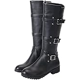 MAVMAX Women's Zip up Knee High Black Moto Boots Round Toe Motorcycle Boot Chunky Low Heel Biker Booties Buckle Long Riding Boots Size 9