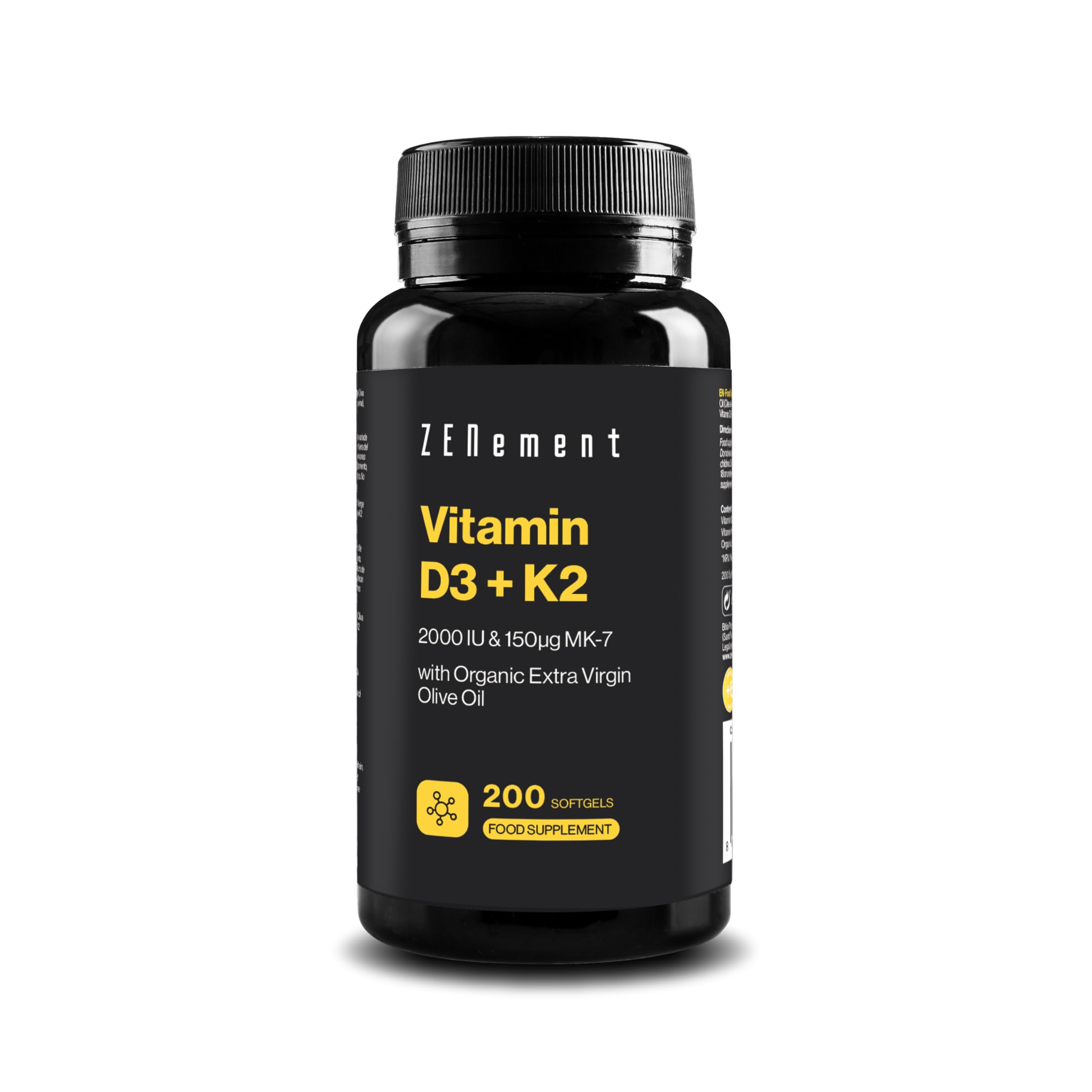 Vitamin D3 + K2, 2000 IU & 150µ MK-7, 200 Softgels | with Organic Extra Virgin Olive Oil | Bones, Muscles & Immune System | 100% Natural Ingredients, No Additives | Zenement