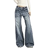 Women's Low Rise Wide Leg Flare Jeans Baggy Vintage 90s Bell Bottom Jeans Casual Loose Fit Boyfriend Denim Pants