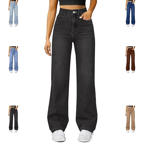Uwdiohq Wide Leg High Waisted Jeans for Women UK Pull On Stretch Comfy Palazzo Trousers,Womens Casual Denim Soft Pants with Multipe Pockets Everyday Wear for UK Womens Size 14 Jeggings Ladies
