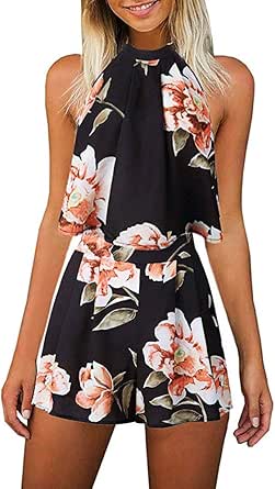 Rompers for Women Summer Casual Floral Short Jumpsuits Elegant Sleeveless Playsuit Beach 2 Piece Outfits Romper Dress