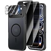 [4 in 1] Magnetic for iPhone 17 Pro Case, 2 Pics Privacy Screen Protectors and 1 Pic Camera Protector, Fit for MagSafe, Military Grade Shockproof Translucent Matte 17 Pro Cover 6.3" (Black)