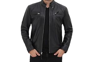 fjackets Real Lambskin Mens Leather Jackets - Quilted Cafe Racer Zip Up Moto Style Leather Jacket Men