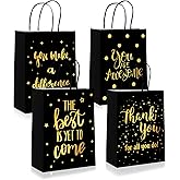 Lesnala 16 Pcs Thank You Gift Bags with handles 4 Styles Black and gold party favor bags Inspirational appreciation paper bags for Employee Team School Pastor Day Staff Present Supplies