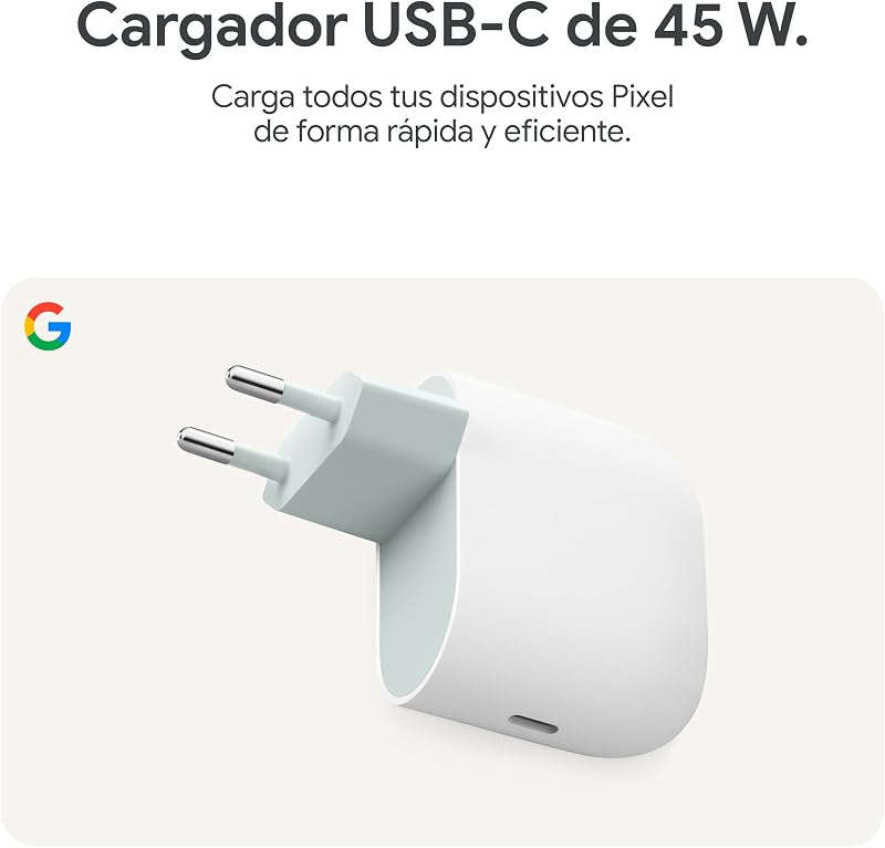 Cargador USB-C de 45 W de Google - Cargador de teléfono Pixel de Carga rápida - Compatible con los Productos de Creado por Google y Otros Dispositivos USB-C® - Nieve