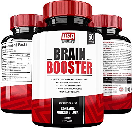 Brain Booster by USA SUPPLMENTS Supports Memory, Focus, Clarity, Energy & Concentration | Mind Cognitive Enhancement, Natural Nootropics | Contains Ginkgoxine, Ginkgo Biloba, St. John s Wort & DMAE