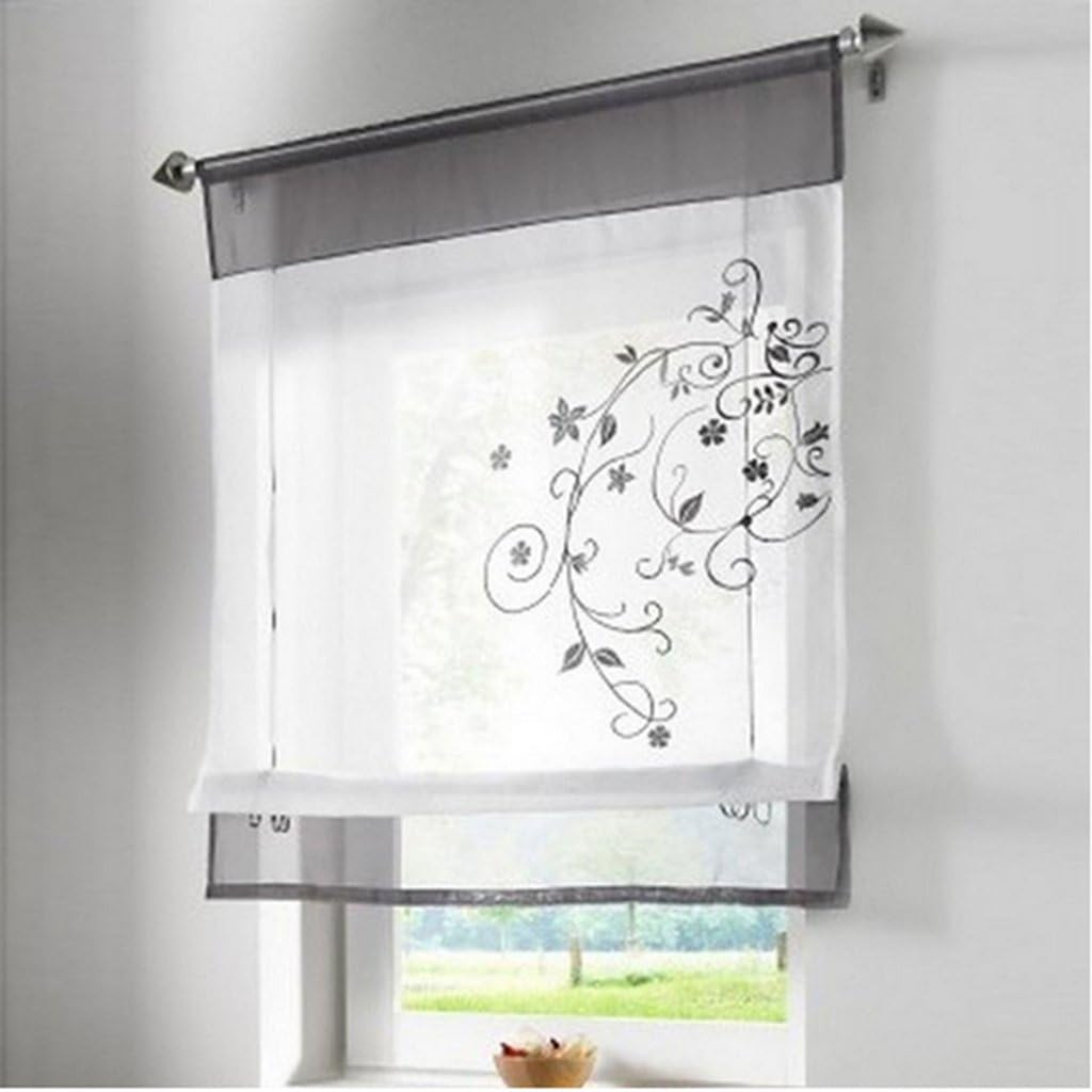 SIMPVALE 1 Panel Roman Blind with Rod Pocket - Tie up Sheer Flower Embroidered - Voile Curtains Window Decoration for Kitchen Balcony, Grey, 100x140cm