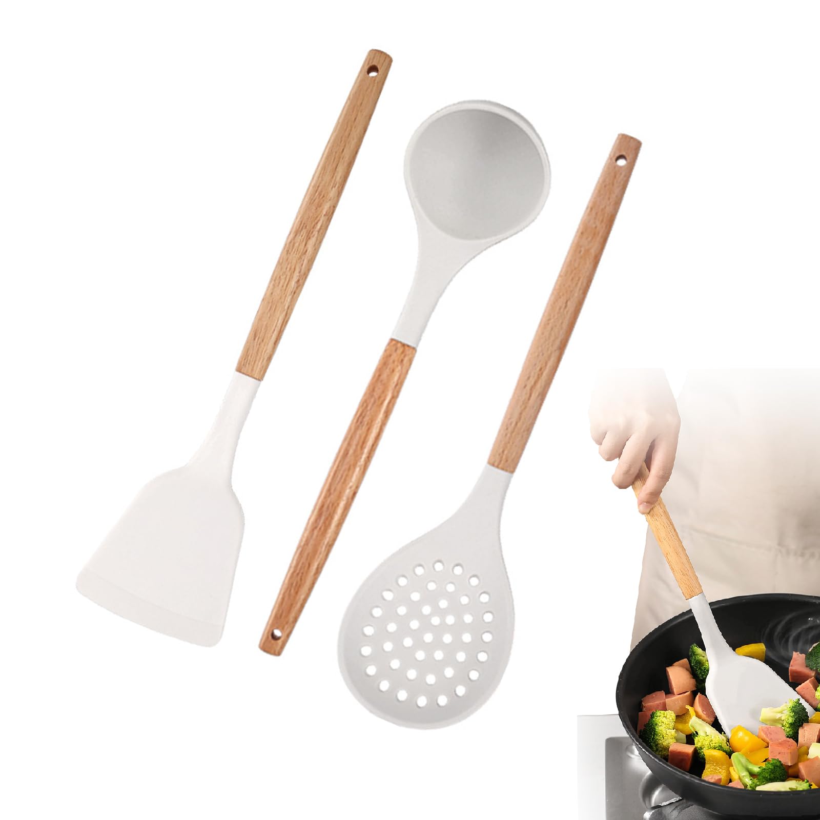 3 Pcs Silicone Kitchen Utensils Set - Wok Spatulas-Cooking Spoon-Slotted Spoon, Non-Stick Cooking Tools with Wooden Handles