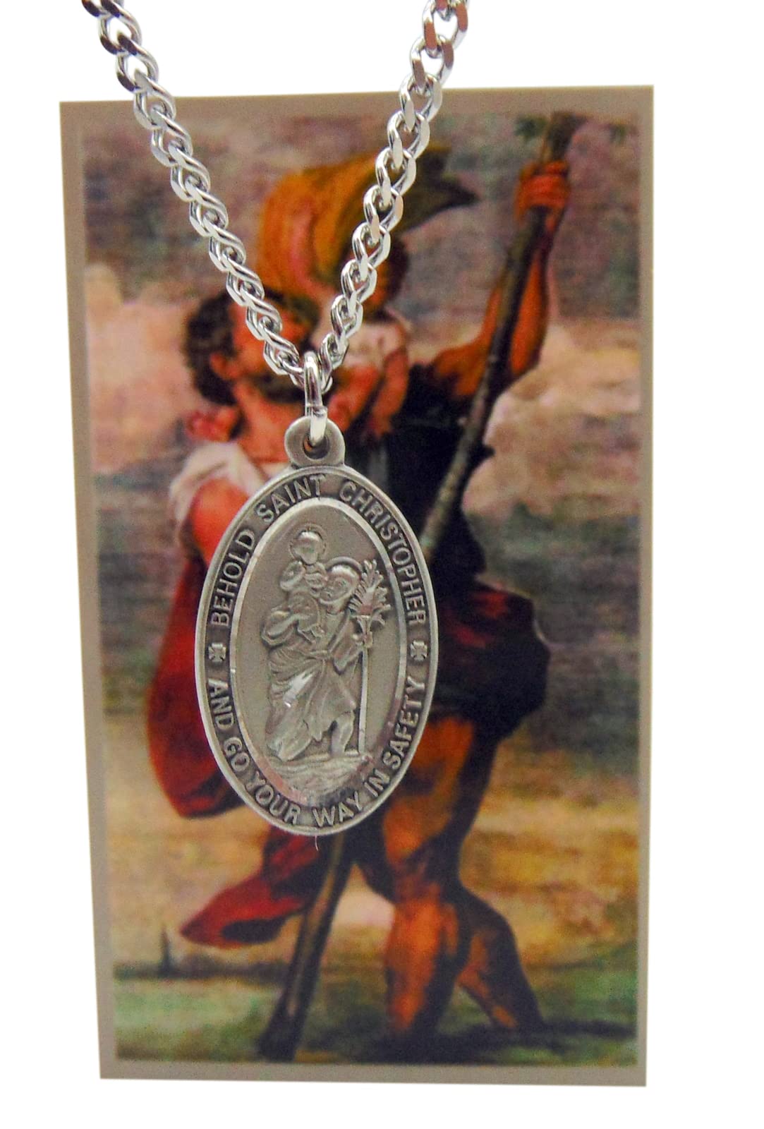 St Christopher Pewter Medal on a Stainless Steel Chain with Holy Card Gift Boxed Set