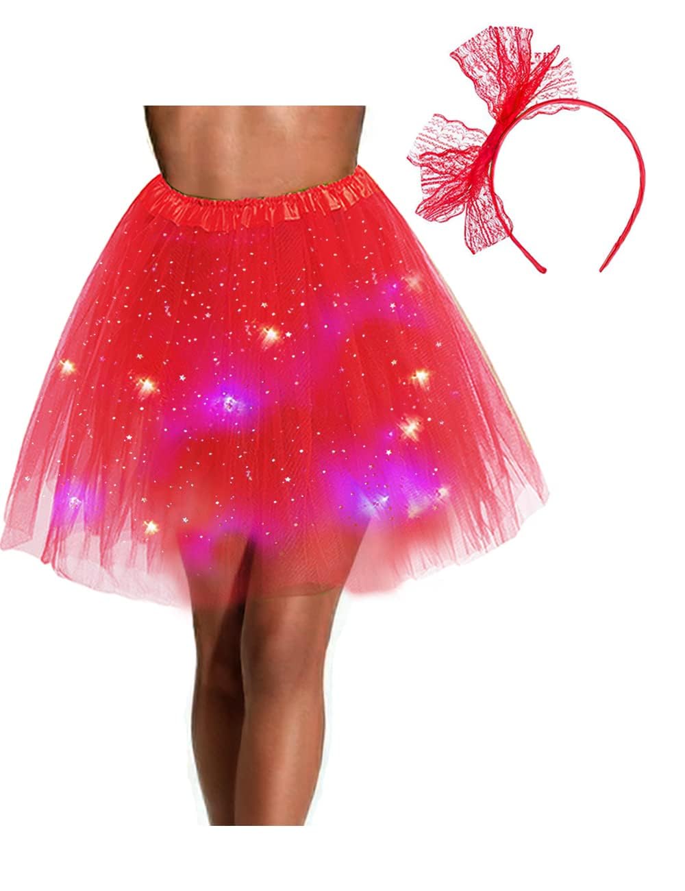 db11 Women's Tulle Tutu Skirt with Lace Bow Headband, Light Up Starry Sky Elastic Ballet Dance Skirt Fancy Dress Party Festival Costume for Party Halloween (Red)