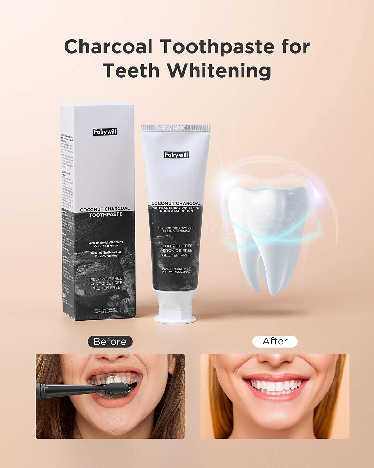 Fairywill Activated Charcoal Toothpaste Teeth Whitening, Coconut Charcoal Natural Toothpaste, Refreshing Mint Flavor - Fluoride Free and SLS Free Toothpaste 3.2 oz, 3 Pack : Beauty
