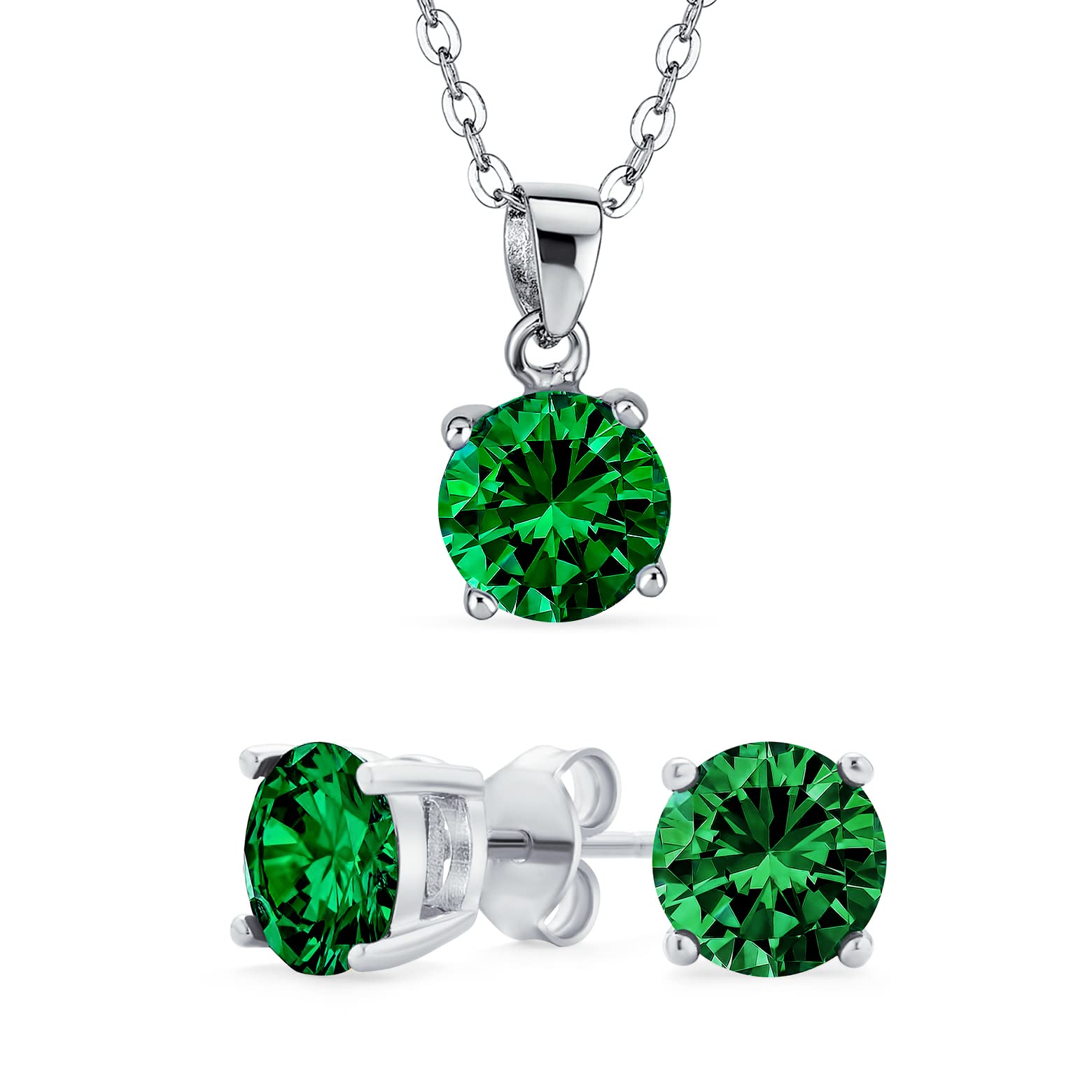 Bling Jewelry Simple Delicate Solitaire Round Green Pendant Stud Earrings Set Cubic Zirconia Simulated Emerald Rhodium Plated .925 Sterling Silver 18In