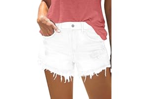 onlypuff Women's Ripped Mid Waisted Denim Shorts with Pockets