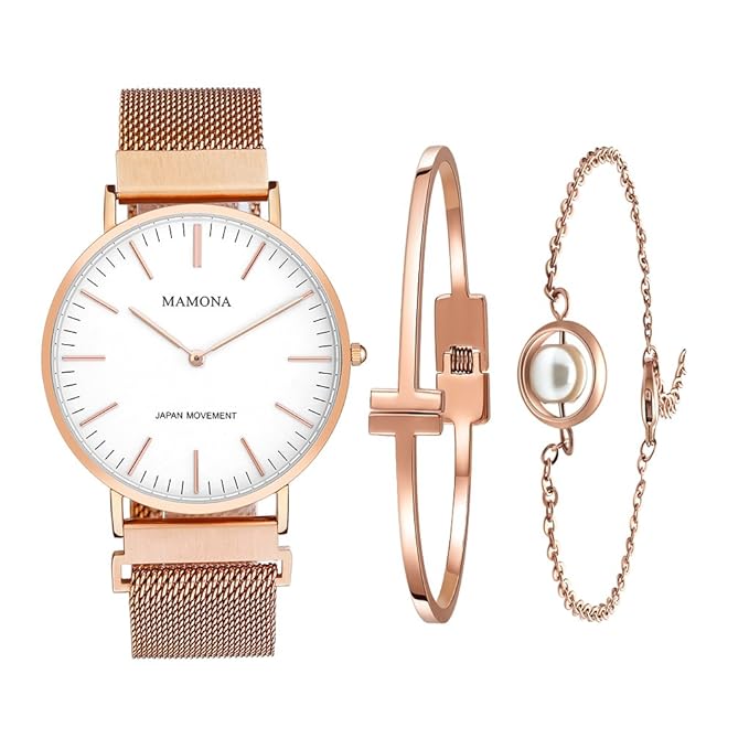 MAMONA Damen Uhr Set Analog Quarz mit Edelstahl Anpassbares Netzband Armband L3881RGGT