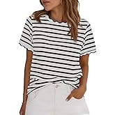Tankaneo Womens Short Sleeve Striped Tshirts Summer Color Block Scalloped Tops Trendy Casual Basic Tee Shirts