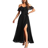 Formal Dresses for Women - Off The Shoulder Wedding Guest Bridesmaid Prom Chiffon Flowy Split A-Line Long Dress