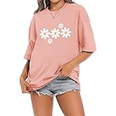 Faktuzi Daisy Shirts for Women Oversized T Shirts Flower Graphic Tees Vintage Floral Print Crewneck Cotton Short Sleeve Tops