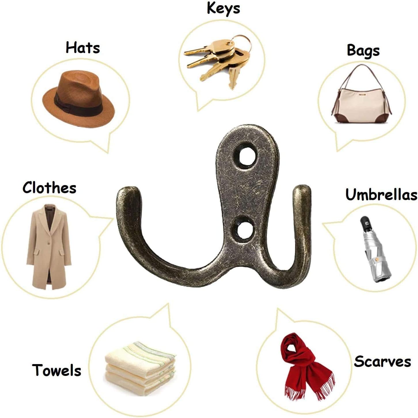 Namvo 10 Pcs Double Coat Hook Vintage Metal Hook Bronze Hat Clothes Towel Hook Antique Twin Robe Hook Dual Hooks Hanger Wall Mounted Door Hanging Hooks for Kitchen Bathroom Bedroom with Screws - Image 5