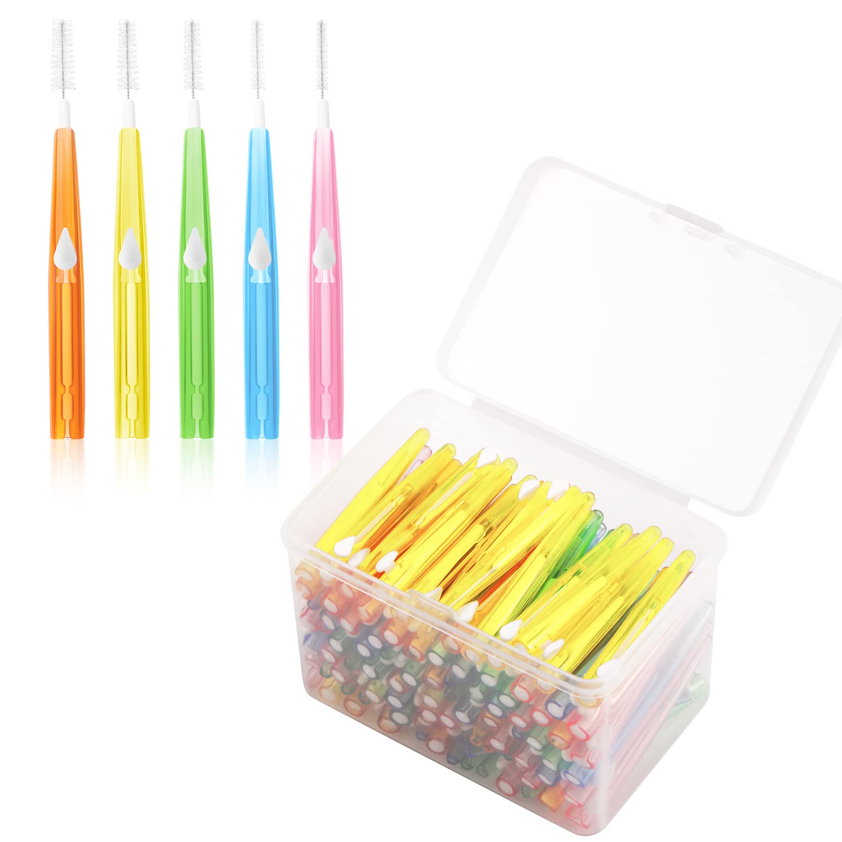 Annhua 100 Pcs Push Pull Interdental Brushes, 5 Sizes (0.6-1.2mm) Dental Brushes with Storage Case, Portable Floss Brush for Cleaning Between Teeth, Braces, Gaps (Orange, Yellow, Green, Blue, Pink)