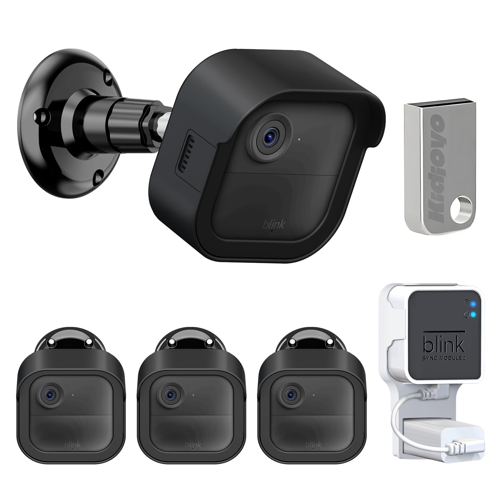 Photo 1 of Blink Outdoor 4 Camera Kit with Sync Module 2, 256GB USB Flash Drive & Short Cable, Protective Cover & 360 Mount for Outside (3 Pack)