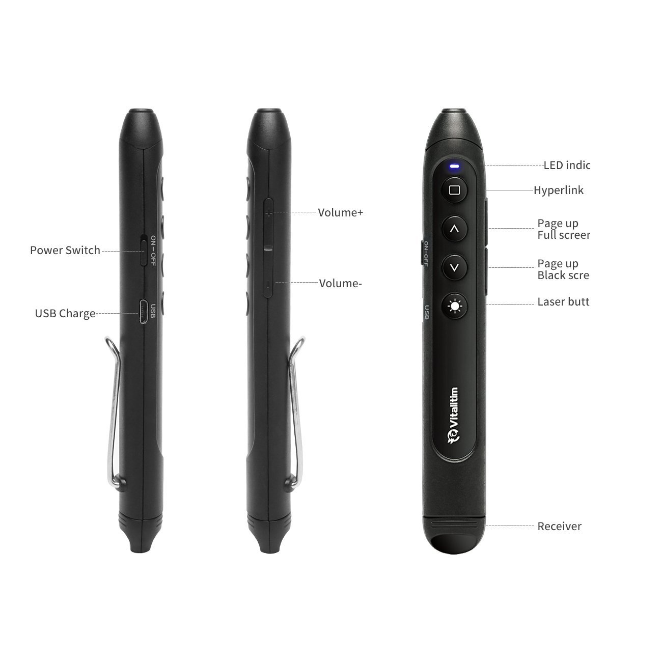 Vitalitim Rechargeable Wireless Presenter, 2.4Ghz Wireless USB Powerpoint PPT Presentation Pointer Remote Control Clicker Pen, Support Hyperlink (BLack)