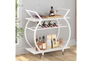 LVB White Bar Cart, Modern Rolling Serving Wine Cart with Storage, Industrial Wood Metal Kicthen Island Beverage Cart with Wheels, Microwave Drink Liquor Cart Table for Home Dining Living, White Oak