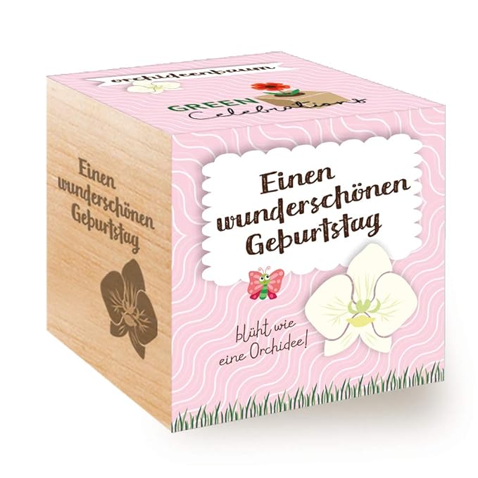 Feel Green Celebrations Ecocube, Orchideenbaum, Holzwürfel Mit Lasergravur «Einen Wunderschönen Geburtstag», Nachhaltige Gesc