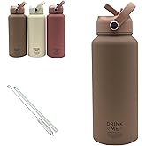 Insulated water bottle - 32oz - Double wall stainless steel, Straw, Leak proof lid, Carry loop, Keep cold/Stay hot (Mocha)