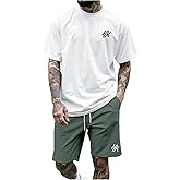 GORGLITTER Men's Outfits 2 Piece Letter Graphic Y2k Short Sleeve Tee Top Drawstring Shorts Set