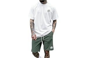 GORGLITTER Men's Outfits 2 Piece Letter Graphic Y2k Short Sleeve Tee Top Drawstring Shorts Set