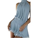 Floerns Women's Summer Mini Dress Sleeveless Halter Backless Ruched Date Night Layered A Line Dresses