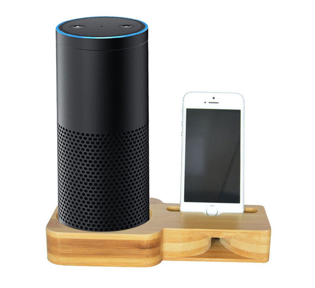 IOQSOF Speaker Stand for Echo and iPhone ,Bamboo Wood Charging Stand for Amazon Echo, Echo Plus and iPhone X/iPhone 8 and Samsung Galaxy & Most Smartphones