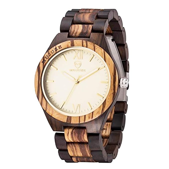 MUJUZE Herren Analoge Quarz Holzkern Armbanduhren mit Sandelholz Band und Leuchtendem Zeiger
