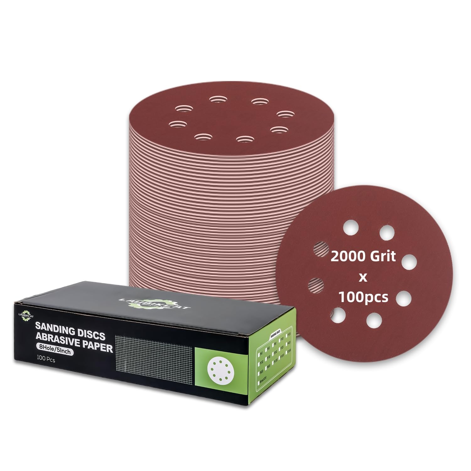 100 pcs Sanding Discs - 5 inch/125 mm, 8 Holes, Hook and Loop Sanding Pads for Random Orbital Sanders,Red Brown-2000 Grit