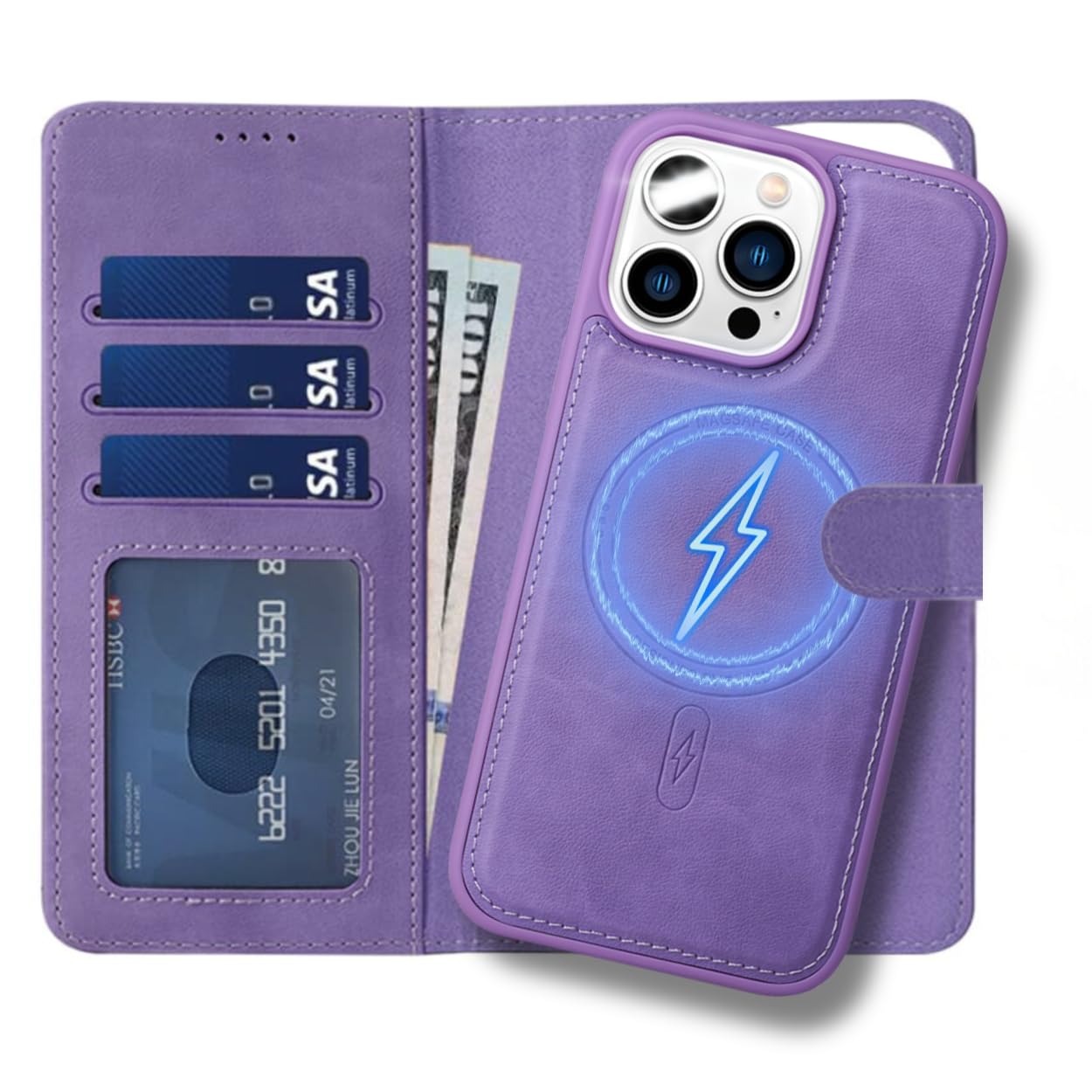 TYPEDX For iPhone 16 Pro Max Wallet Case, 2-in-1 Detachable, Shockproof Protective PU Leather Flip Book Cover, Card Slots Kickstand Magnetic Closure Compatible with MagSafe Wireless Charging (Purple)