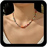 Ximdble Vintage Seed Bead Choker Necklace Colorful Rice Bead Necklace Rainbow Bead Chain Necklace Red Acrylic Fish Necklace Boho Fish Choker Necklace Jewelry for Women