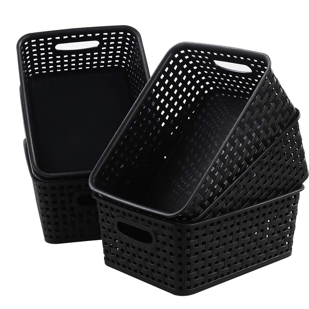 Leendines Plastic Baskets for Storage, 6 Packs Small Woven Basket, Black