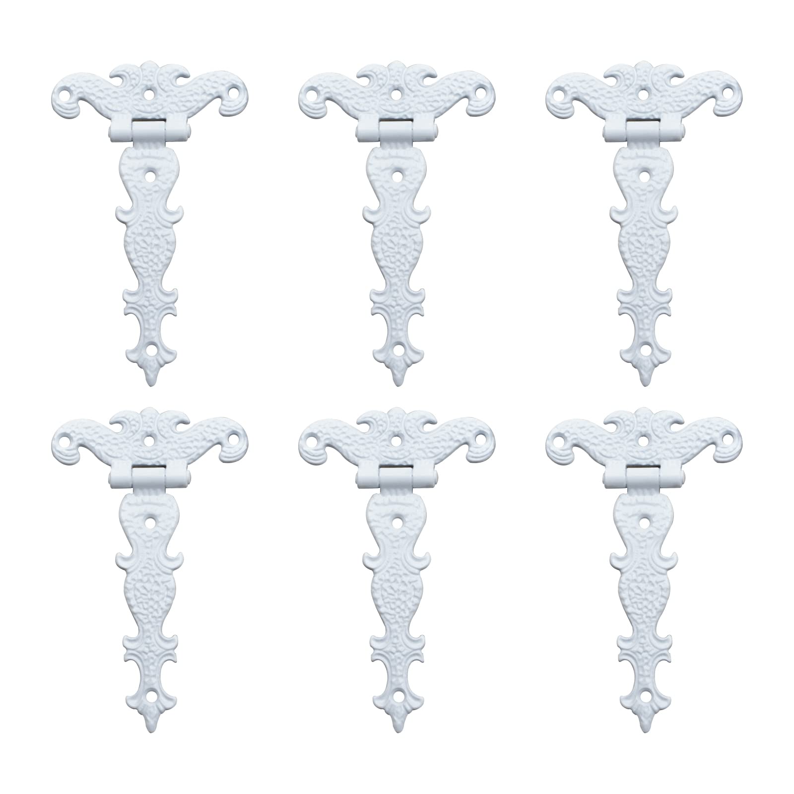 INCREWAY Antique Cabinet Hinges, 6Pcs Zinc Alloy Decorative Retro Carved T-Strap Hinges for Doors, Cupboard, Jewelry Box, White